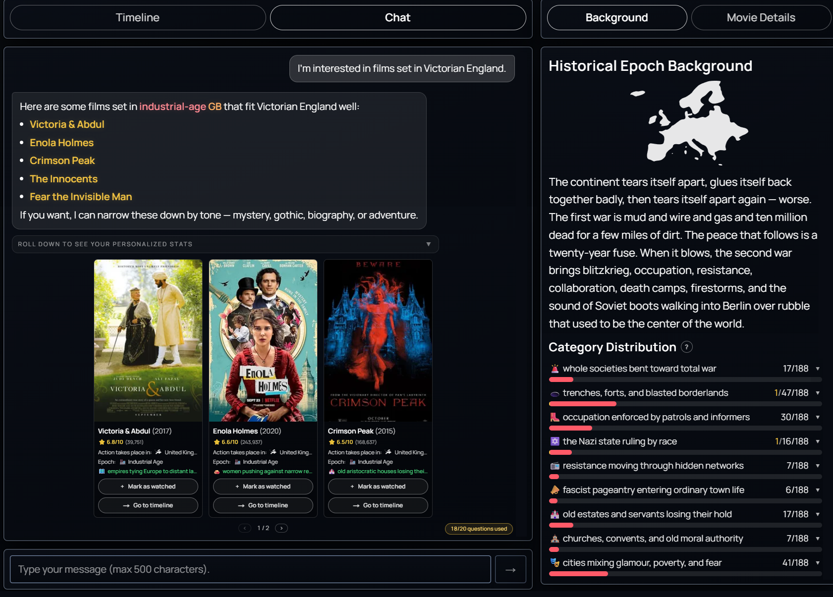 AI assistant chat panel recommending movies for a historical setting.