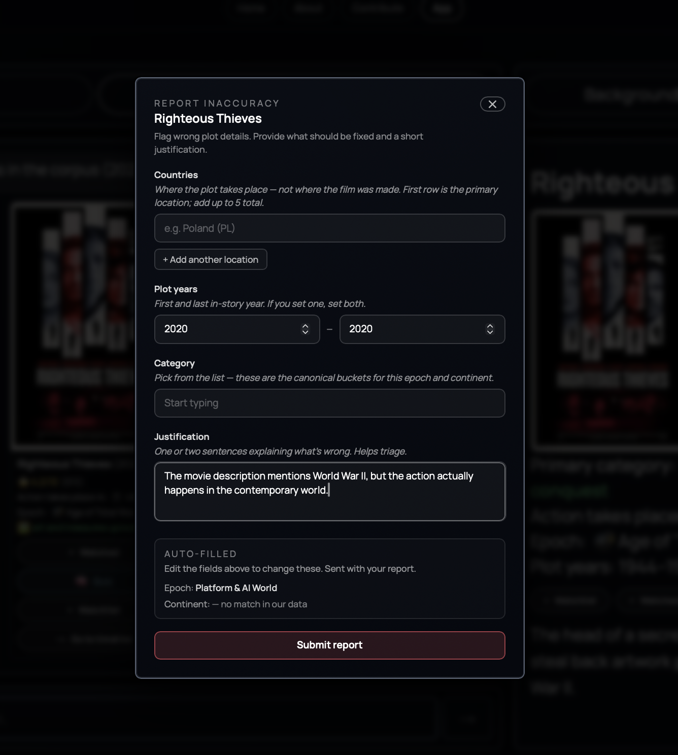 Inaccuracy report modal with country, plot years, and category fields.