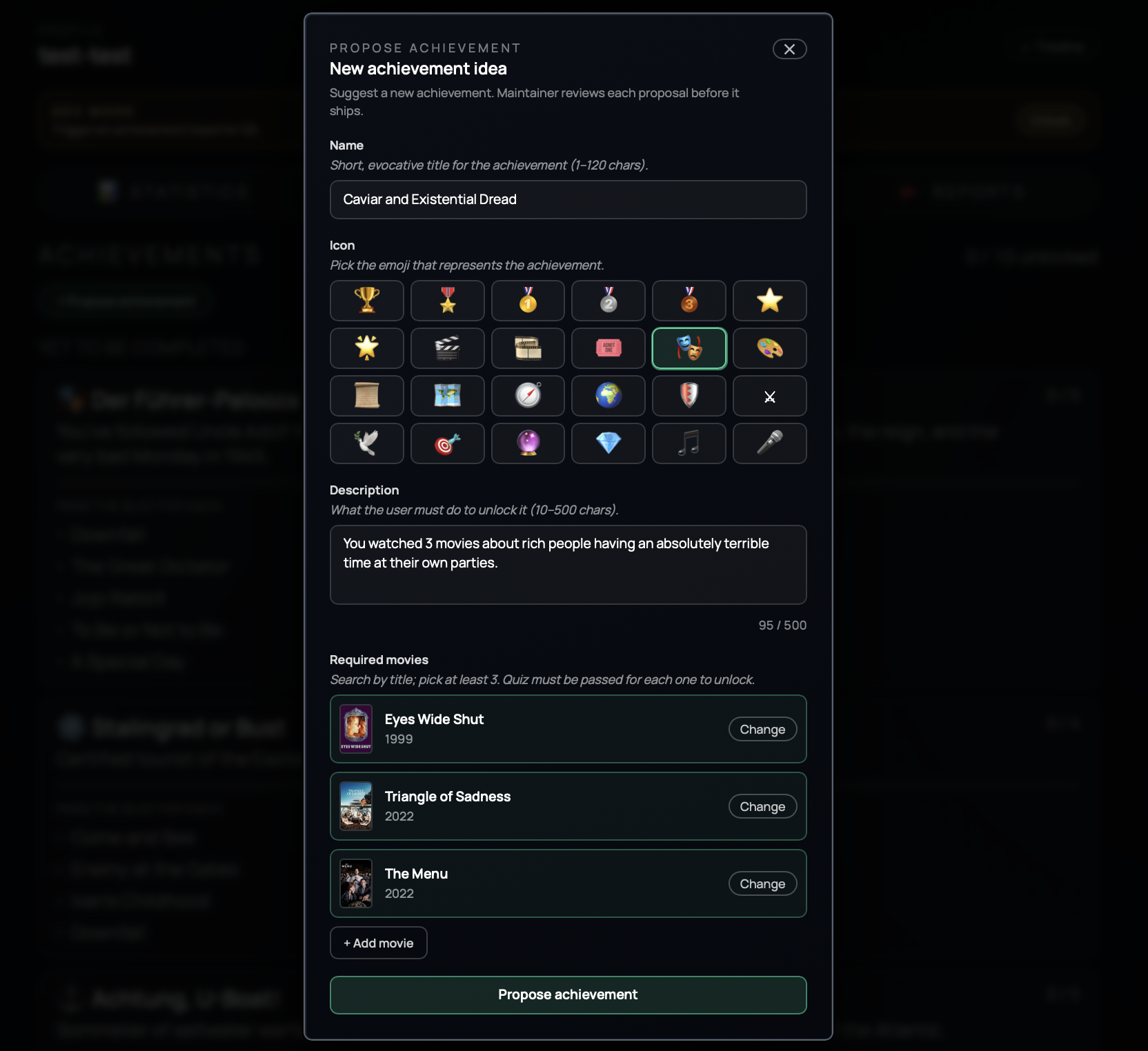 Propose achievement modal with icon picker and movie rows.