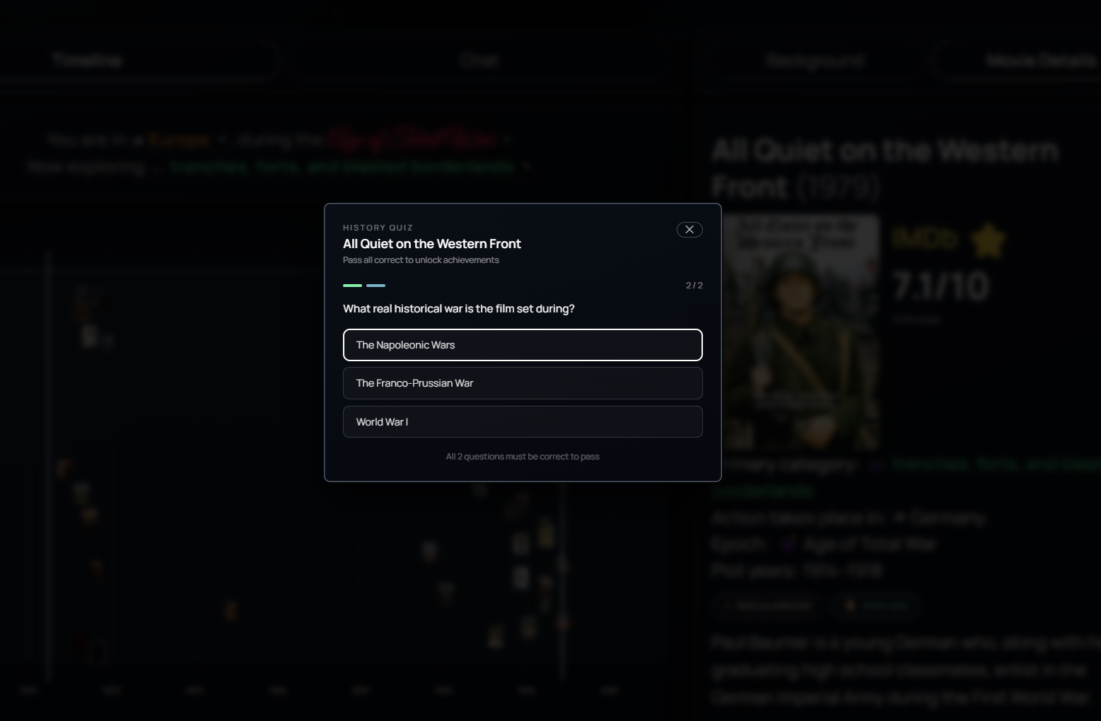 Quiz modal with open-ended questions about a movie.