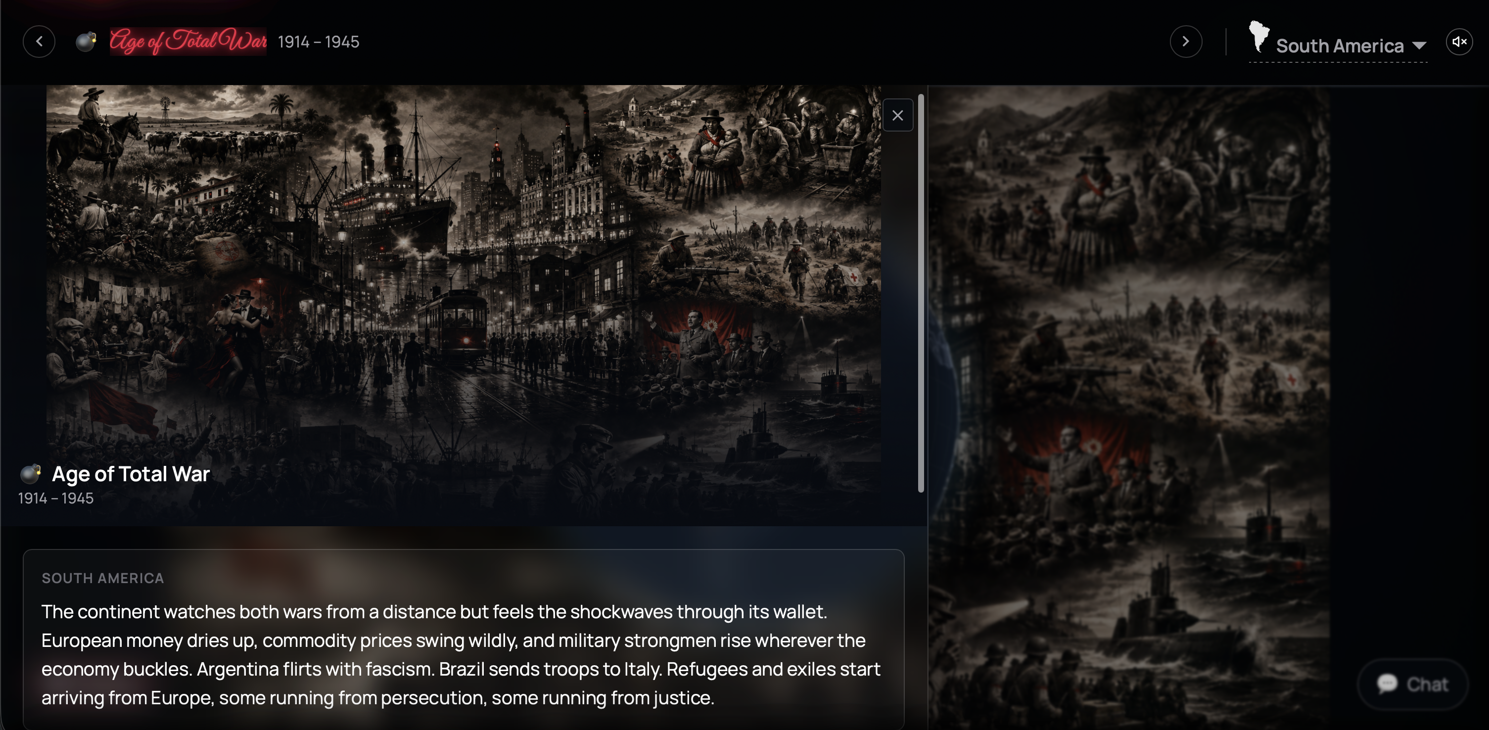 Continent snapshot summarising the historical state and related movies.